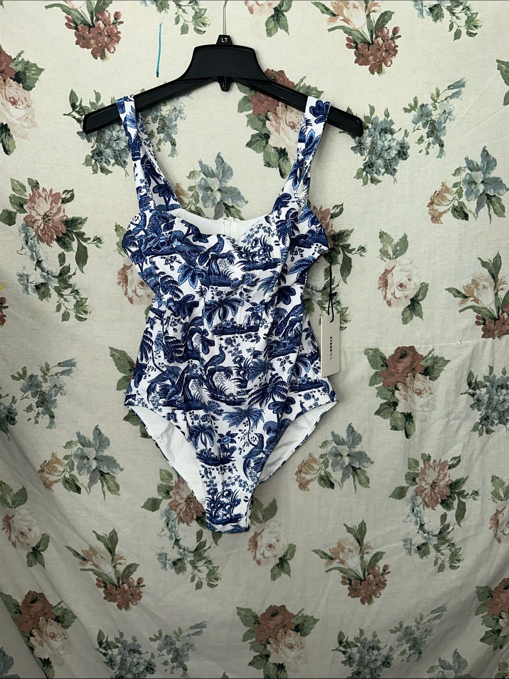 STAUD Blue and White Floral womenโs One-Piece Swimsuit